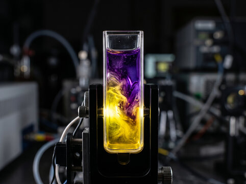 Liquid sample of yellow and purple fluid mixing inside a laboratory cuvette under analysis