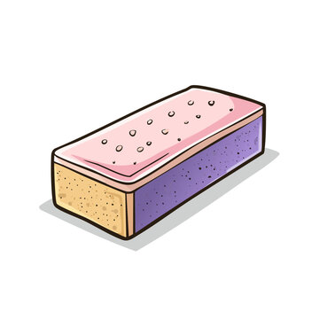 Hand drawn illustration of a rectangular nail buffer block with pink and purple colors