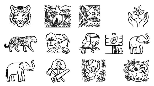 Diverse Wildlife and Nature Icons: Tiger, Elephant, Monkey, Parrot, Toucan, Jungle, Forest, Conservation