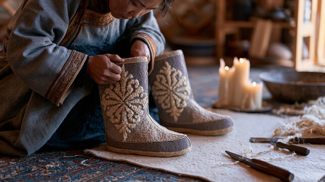 Mongolian felt boot maker pressing decorative wool appliqu&eacute; onto ankle panels in a ger workshop, candlelit atmosphere, Central Asia footwear craft, handmade winter goods, nomadic