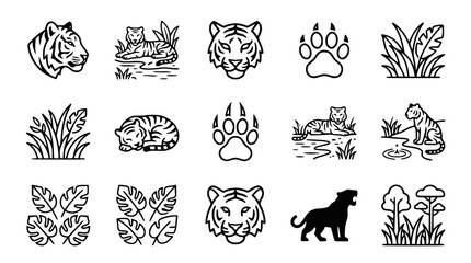 Tiger Icon Set: Wild Cat Illustrations, Paw Prints, Jungle Leaves, Nature Graphics © Susu