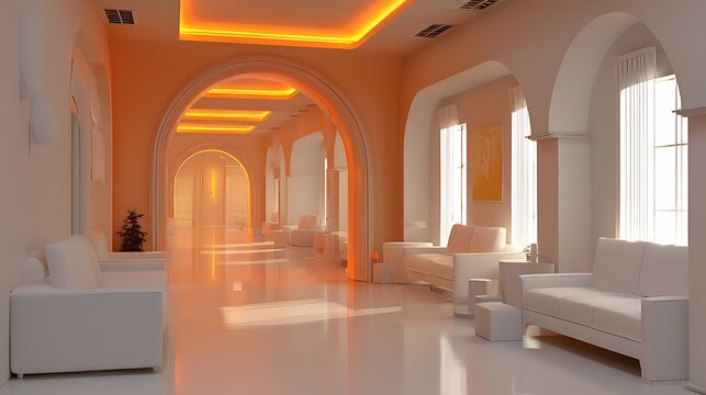 Brightly lit white corridor with arched ceiling and multiple doorways leading to rooms