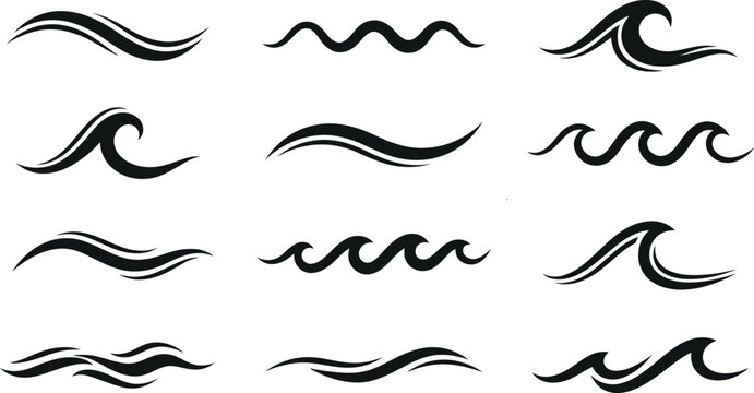 Set of hand drawn ink ocean wave shapes and water ripples with collection