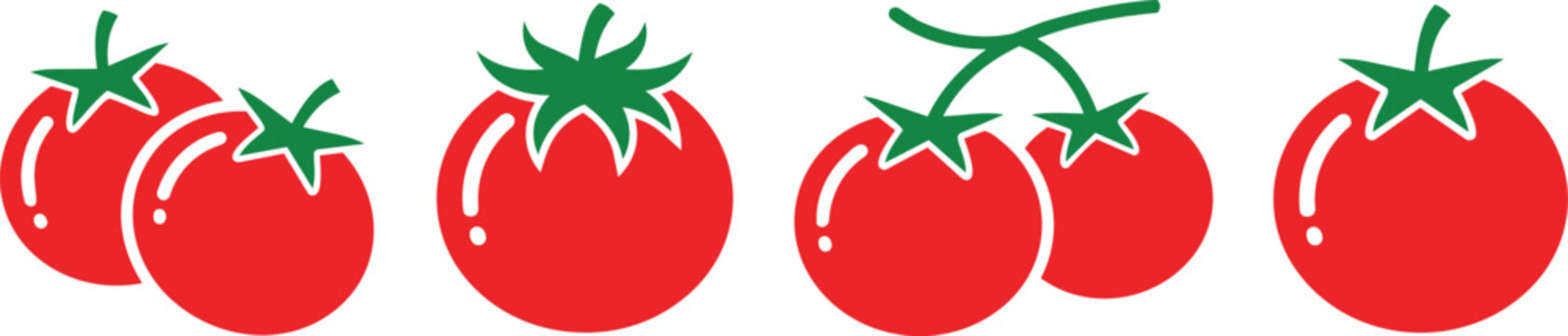 Tomato icon collection. Fresh red tomato vegetables with green leaves. Organic food design element. Clean vector illustration