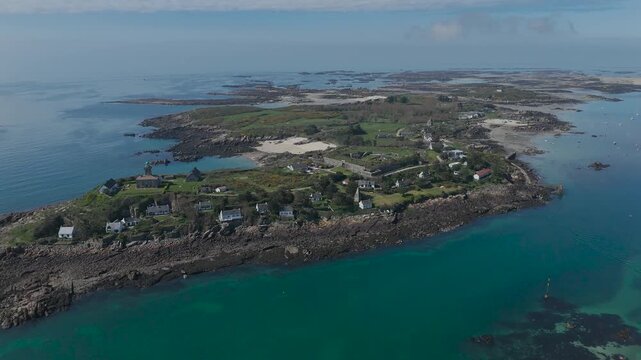 Aerial view of the tip of Chausey island with its few houses, France