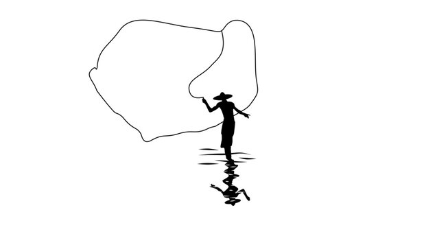 A man throws a fishing net, black isolated vector silhouette