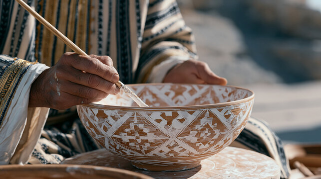 Roma pottery artisan hand-painting intricate geometric motifs onto fired clay bowl, outdoor market workshop, Eastern Europe traditional craft, artisan ceramics skill, cultural