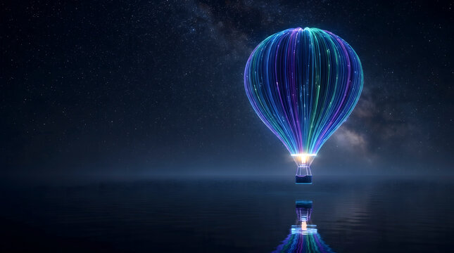 Glowing Neon Hot Air Balloon Floating Over Night Water.