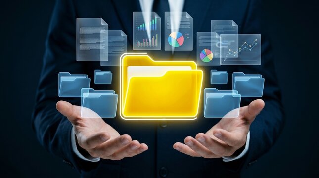 Document Management System DMS with Automated Filing Technology. Businessman Holding Documents and Folder Icons for Digital Organization