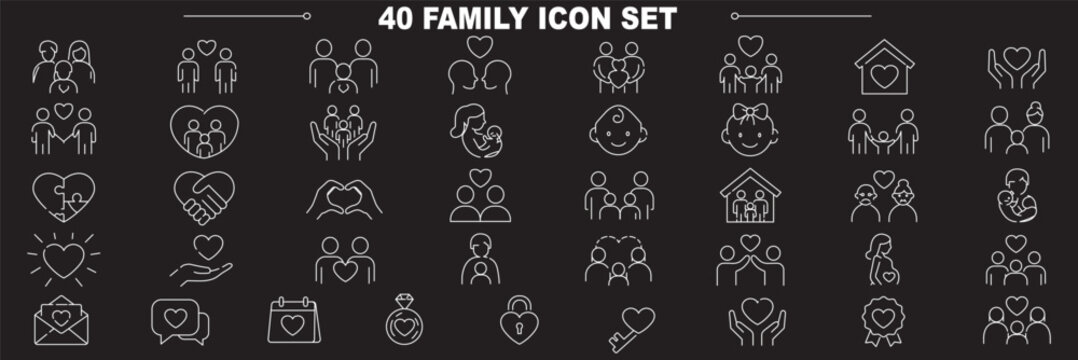 Modern family relationships icon set. Thin line vector illustration icons with editable stroke. Love, marriage, parenting, childhood, elderly care, emotional connection, conflict, and family support