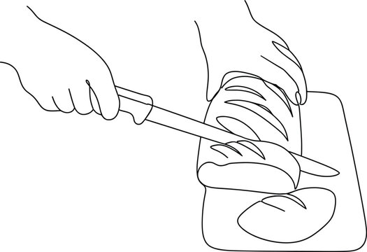 Slicing Bread on Cutting Board Line Art Vector Illustration Kitchen Food Preparation.