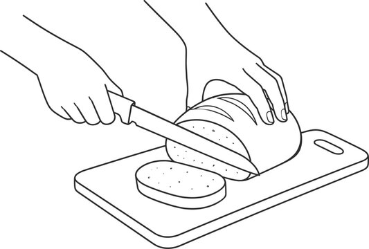 Slicing Bread on Cutting Board Line Art Vector Illustration Kitchen Food Preparation.
