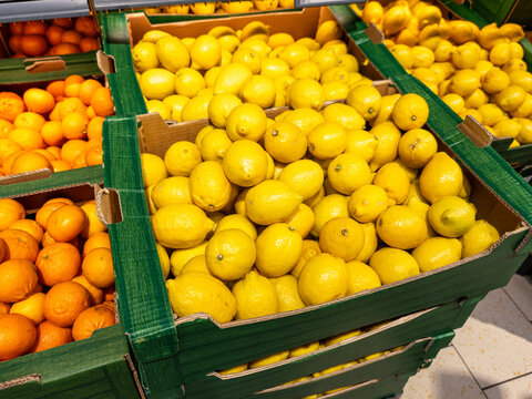 Fresh Yellow Lemons and Juicy Oranges in Green Cardboard Boxes at a Supermarket Produce Aisle, Healthy Organic Citrus Fruit Display for Retail