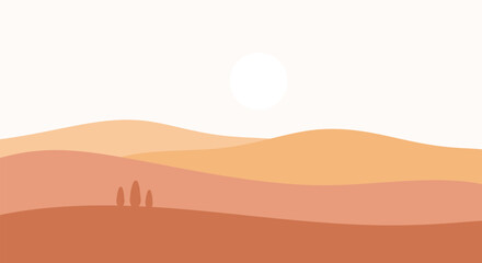 Naklejka premium Modern Minimal Desert Landscape Background with Layered Mountains, Sun and Earth Tone Colors, Flat Vector Illustration, EPS 10