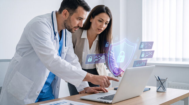 Doctor discussing healthcare data security with woman