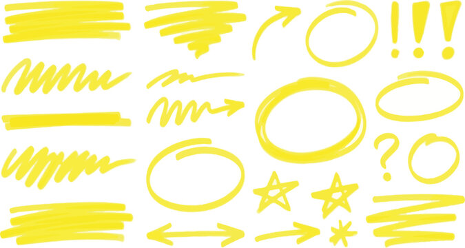 Collection of yellow fluorescent felt marker pen strokes hand drawn highlighter marks circles arrows and scribbled underlining elements isolated on white background for design editing office.