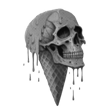 Halftone melting skull ice cream cone illustration. This retro dot pattern design shows a dripping skull scoop on a waffle cone. Spooky gothic vector art for Halloween.