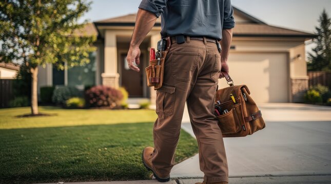A handyman carrying a tool bag walks towards a suburban house on a sunny day, ready for home repair or maintenance work.