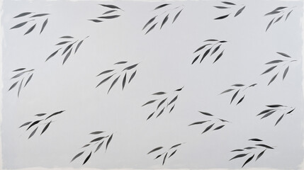 Obraz premium Minimal scattered leaf arcs hovering over pale rice grey capture serene pattern of delicate bamboo leaf clusters drifting across soft textured background, evoking calm and minimalist botanical