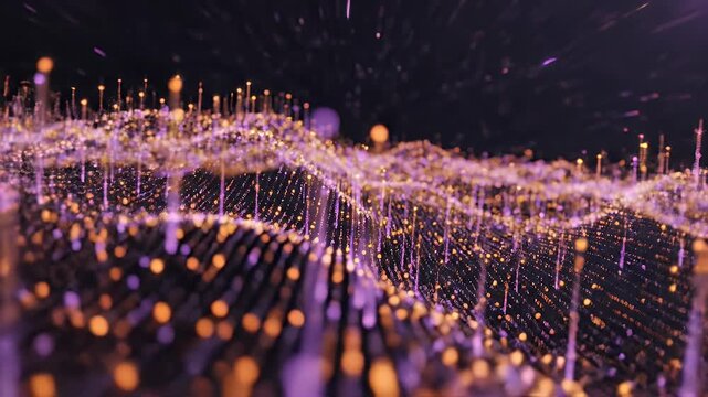 Abstract flowing digital particles in purple and gold hues against dark background
