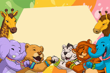 Naklejka premium Cute cartoon animals celebrating friendship with bands and smiles on a vibrant background. 