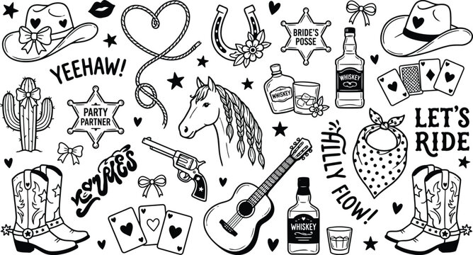 Hand Drawn Western Cowgirl and Cowboy Aesthetic Clip Art Set with Whimsical Retro Coquette Symbols Including Pink Boots Hats and Bows for Feminine Soft Vintage Country Illustration Design