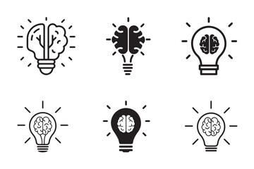 Brain in light bulb icon set. Creative intelligence and idea icon set with brain inside light bulb. Creative, generating idea, solution , knowledge, lamp vector. Idea and creativity icon collection. © ISATON