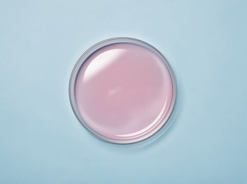 A round petri dish filled with a smooth, pink liquid placed on a light blue surface.
