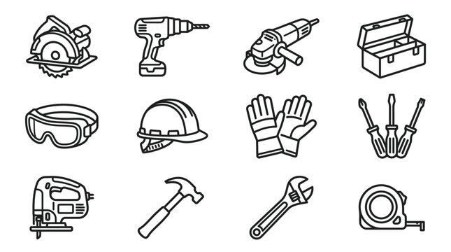 Construction Tools Icons: Saw, Drill, Grinder, Toolbox, Safety Gear, Hammer, Wrench
