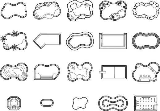 A collection of top-down architectural illustrations depicting various swimming pool shapes and designs, including freeform, rectangular, and kidney-shaped pools.