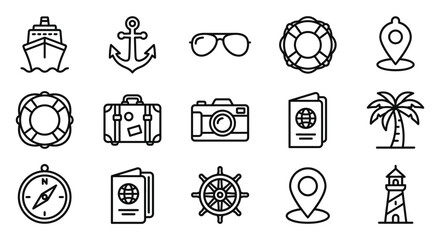 Travel Icons Set: Cruise Ship, Anchor, Sunglasses, Passport, Palm Tree, Camera, Lighthouse © dinny
