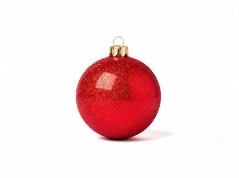 A single, shiny red Christmas ornament ball with a gold cap sits against a white background, reflecting light with a glittery texture.