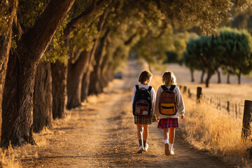 Fototapeta premium School friends walking under trees in morning light, evoking nostalgic friendship vibes. 
