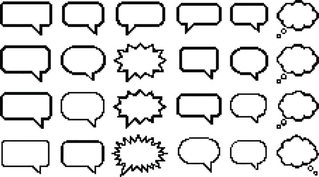 Pixel Art Collection of Retro Eight-Bit Speech and Thought Bubbles Isolated on White Background for Chat Communication Interface Game Design Messaging Icons and Creative Digital Illustration