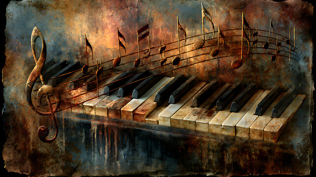 A grunge-inspired composition in which the texture of torn vintage paper is superimposed over scattered musical notes and fragments of piano keys.