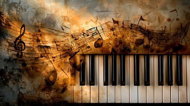 Music keys and notes. Grunge paper with music notes and piano keys
