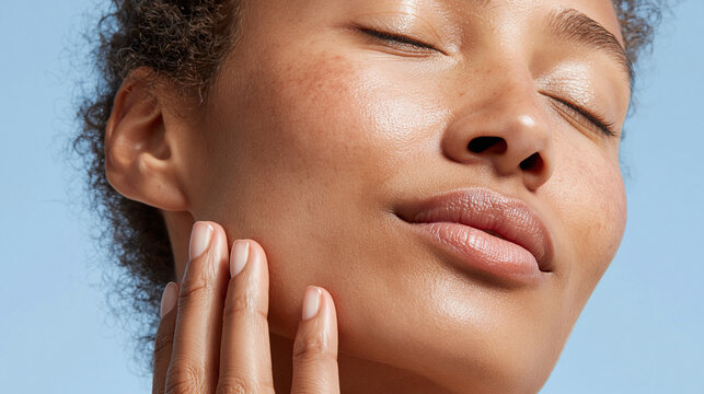 Soft brown skin close up showing gentle hand touching jawline with closed eyes and relaxed expression, natural texture and healthy glow under soft light