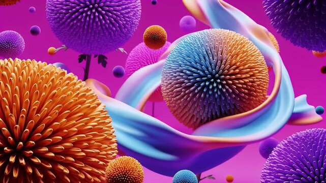 Abstract, fuzzy orbs in vibrant colors dance around a flowing, iridescent ribbon