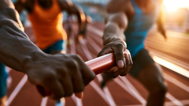 Athletes Exchanging Relay Baton on Track - Teamwork and Sports Competition.