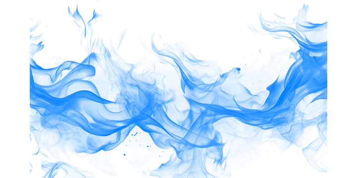 Blue fire flames isolated on white background. Abstract smoke texture with glowing light effect.