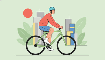 Fototapeta premium Active young man wearing a helmet rides his green bicycle down a city street with tall buildings in the background.