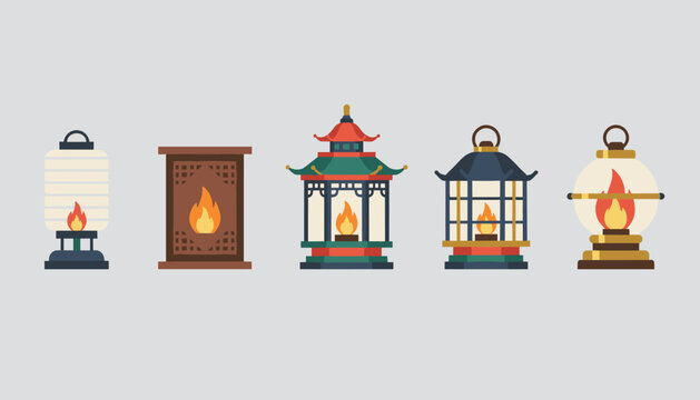 Collection of traditional oriental lanterns and lamps with burning fire inside, shown in flat vector style on a gray background.