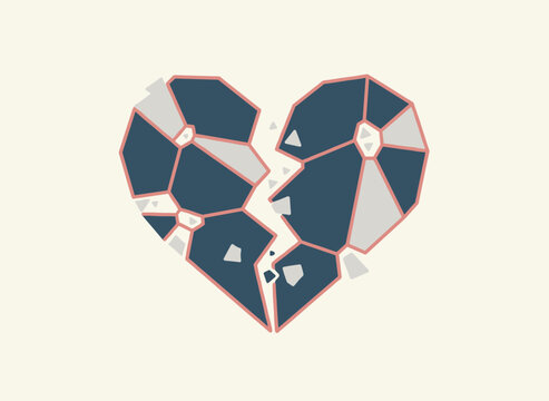 Conceptual illustration of a broken heart made of dark blue and grey mosaic pieces, representing heartbreak or grief.