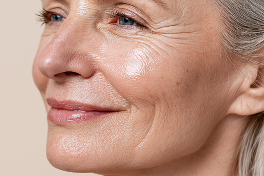 Elderly woman close up portrait showing textured skin, wrinkles, blue eye, silver hair, soft smile and natural skincare glow