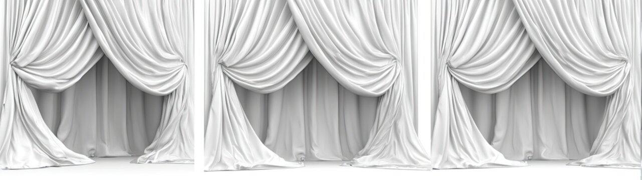 Three panels of elegant white fabric curtains draped and gathered