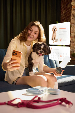 Dog owner scheduling pet care services with mobile app while holding grooming device. Concept of digital pet care, online booking, smart services and connected pet ownership.