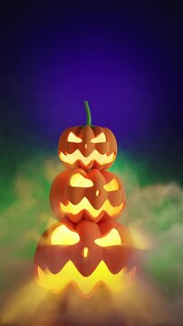Three glowing jack o lantern pumpkins stacked with spooky smoke in vertical halloween 3d animation on dark background, 