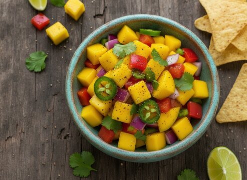 Fresh mango salsa with red onion and jalape&ntilde;o in a teal bowl served with tortilla chips