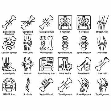 Collection of linear icons depicting various bone and joint conditions, medical scans, and treatments for skeletal health.