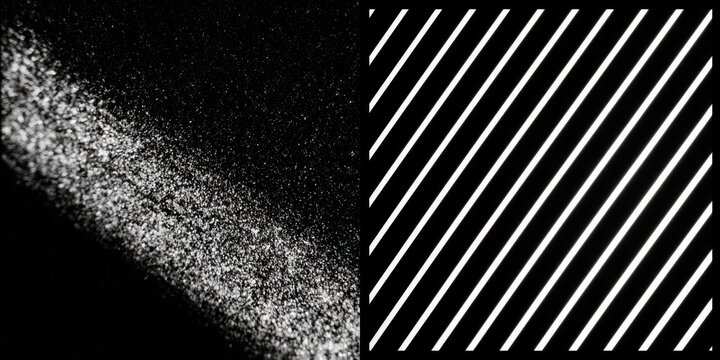 A diptych of heavy 35mm film grain on the left and a sharp digital light pattern on the right